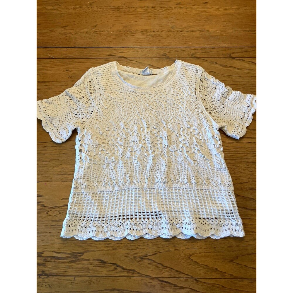 Design History Women's White Cotton Crochet Sheer Boat Neck Top Short Sleeve L